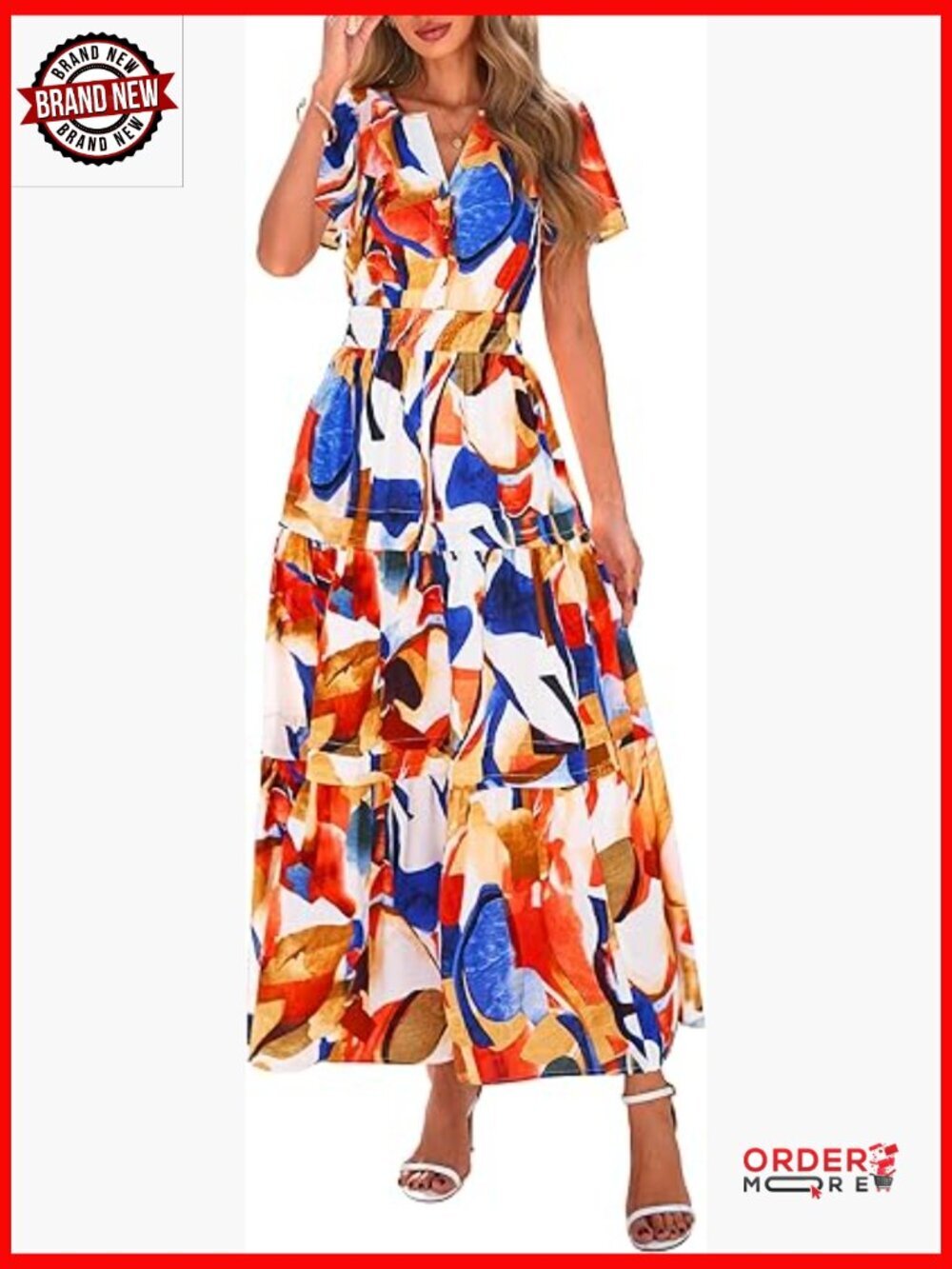 Women's Maxi Beach Dress Flowy with Pockets Short Sleeve V Neck Boho Tiered